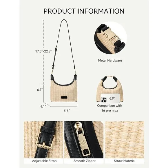 Women Straw Crossbody Bag Raffia Clutch Shoulder Handbag Summer Beach Black - Picture 3 of 6